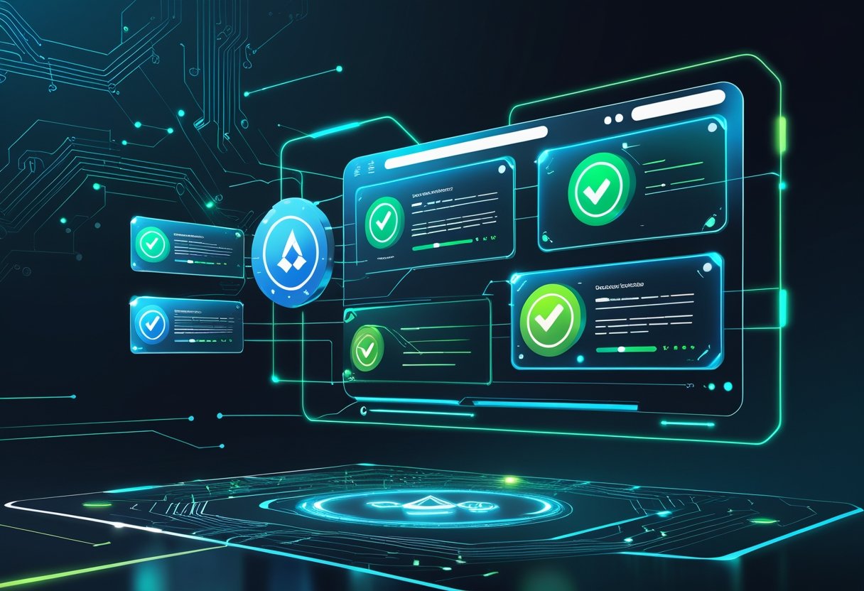 A futuristic digital dashboard showing holographic panels with cryptocurrency tokens and verification checkmarks in a high-tech environment.