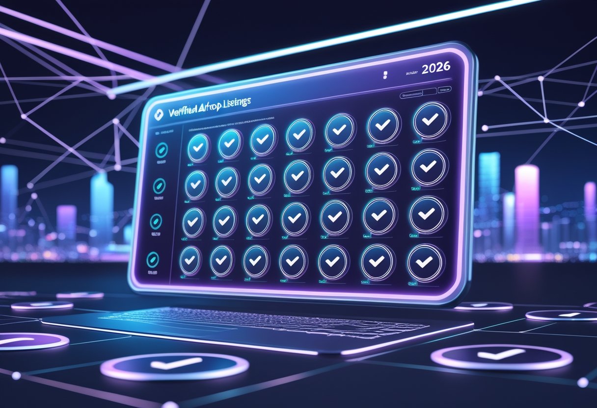 A futuristic digital dashboard showing verified digital tokens with checkmarks, set against a cityscape with glowing network connections.
