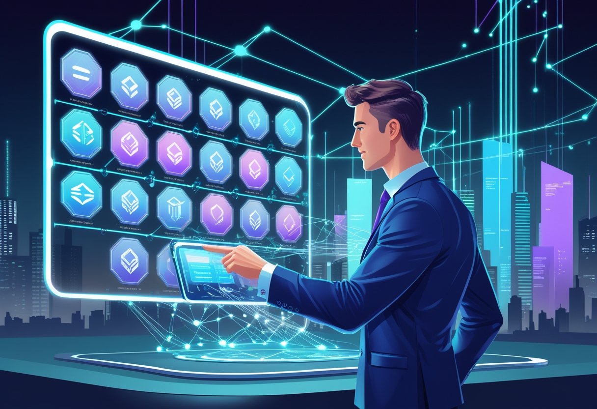 A business professional interacts with a futuristic digital dashboard showing various cryptocurrency tokens connected by network lines against a high-tech cityscape background.